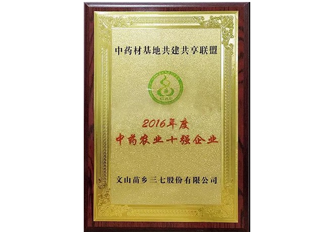 2017年苗鄉(xiāng)三七被中藥材基地共建共享聯(lián)盟評為“中藥農(nóng)業(yè)十強企業(yè)”